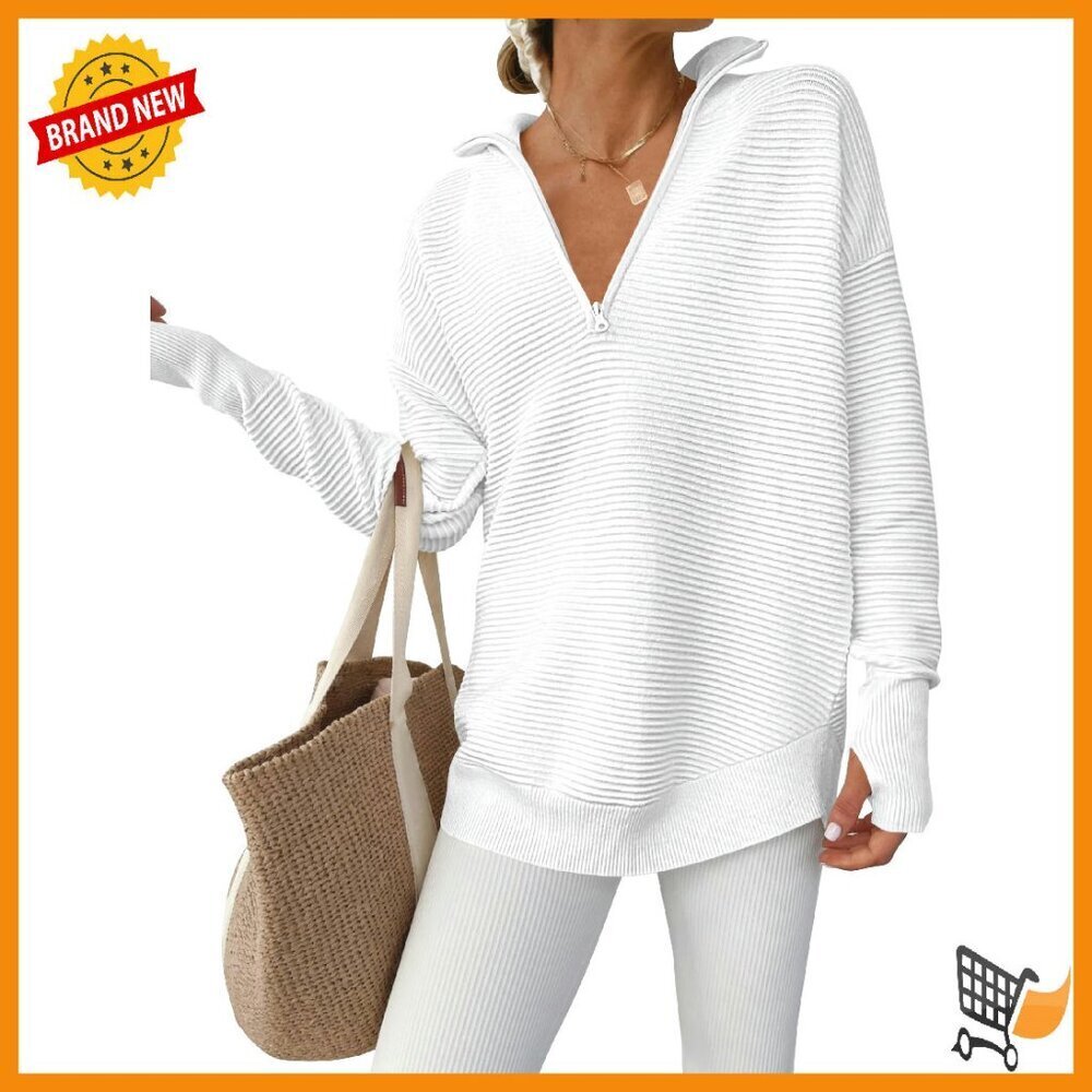 Long Sleeve Quarter Zip Pullover Sweater Ribbed Knit Thumb Hole Loose Fit